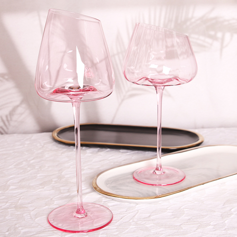 European-Style Oblique Pink Concave Bottom Red Wine Glass Crystal Glass Goblet High-Looking Wine Glass Wine Set Wholesale