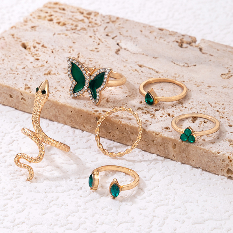 European and American Entry Lux Ornament Green Butterfly Diamond Snake Ring Six-Piece Water Drop Imitation Emerald Ring Set