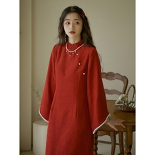 新中式民国风小洋装高级感新年战袍红色2023年改良旗袍连衣裙秋冬