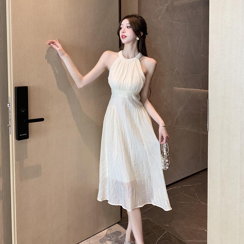 French Style Halter Banquet Dress Women's 2023 Summer Wear New Holiday Bowknot Ribbon High Waist A- line Skirt