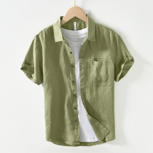 亚麻宽松短袖衬衫日系商务休闲男透气薄款夏季开衫军绿质感麻上衣