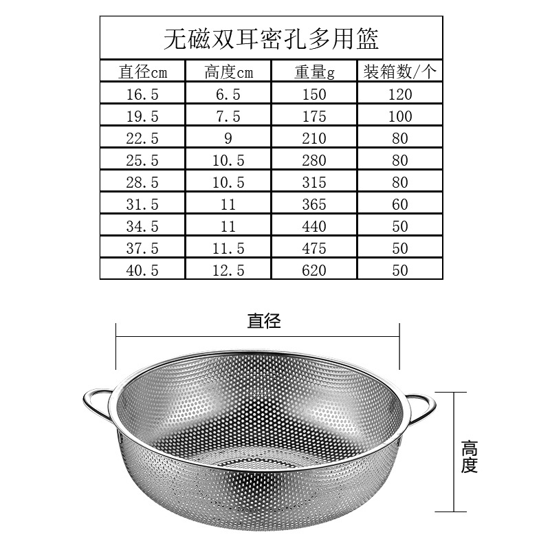 Stainless Steel Thickened Drain Basket with Dense Hole Rice Washing Filter Household Washing Vegetable Basket Fruit Basket Kitchen Rice Basket Factory Direct Sales