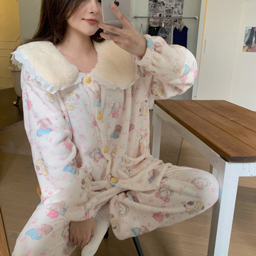 法兰绒睡衣女冬季长袖开衫加厚保暖网红甜美可爱珊瑚绒家居服套装