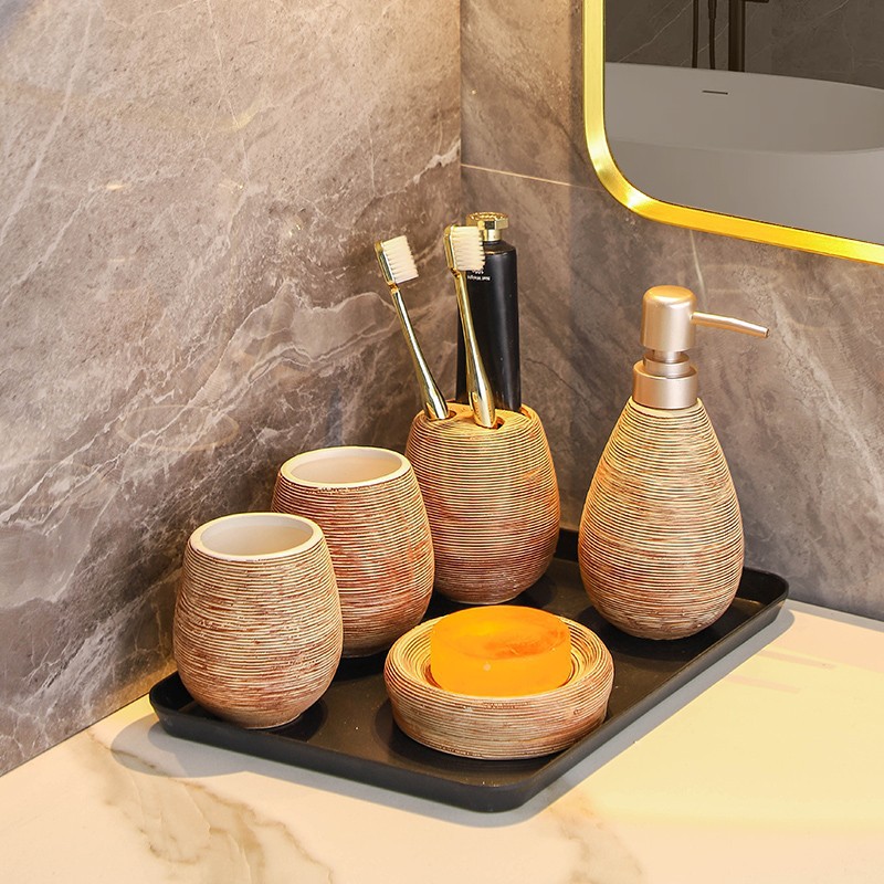 Household Retro Brushed Toiletries Creative Smooth Glazed Bathroom Lotion Bottle Soap Dish Ceramic Five-Piece Set