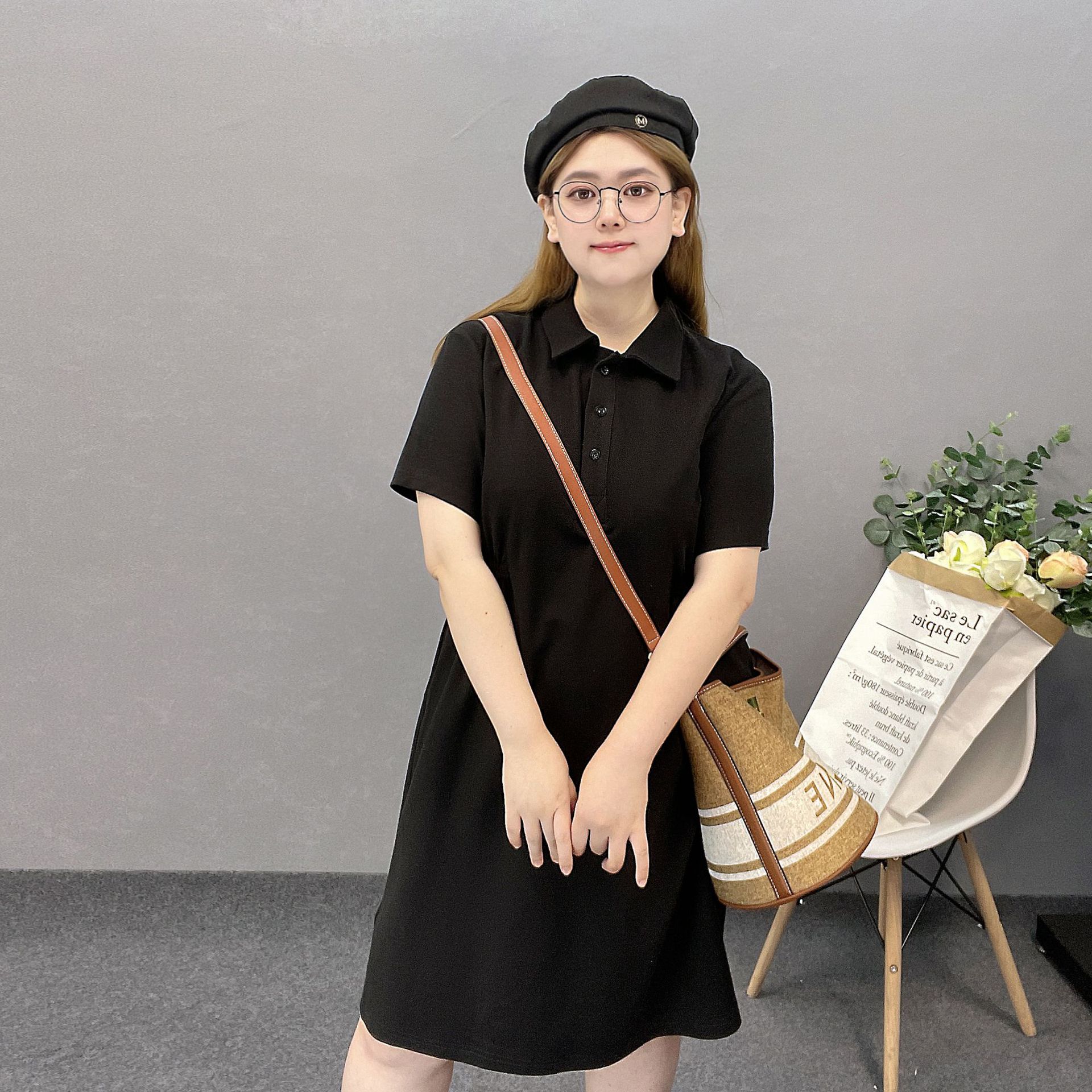 品质大码女装元气polo裙女通勤简约显瘦收腰纯色t恤裙胖mm连衣裙