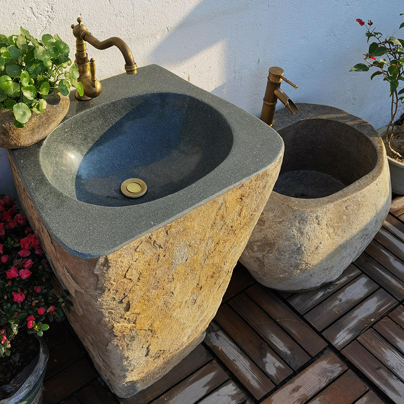户外鹅卵石头洗手盆立柱洗脸面盆复古一体落地水池庭院花园拖把池