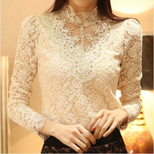 New Women Sexy Embroidery Lace Blouse Feminine Stand Neck Lo