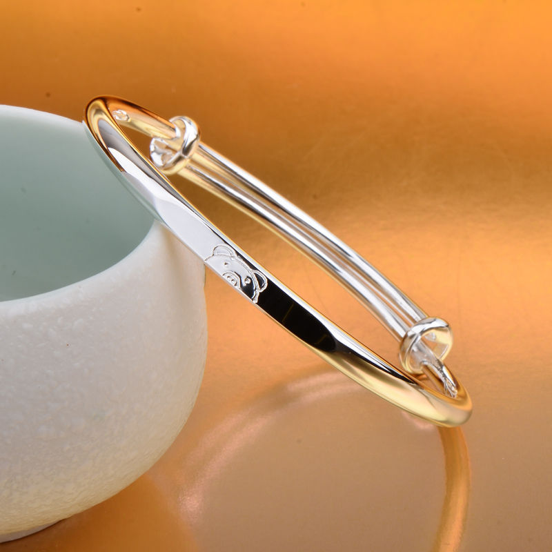 s999纯手工纯银手镯女款推拉足银镯子实心光面送闺蜜女友礼物