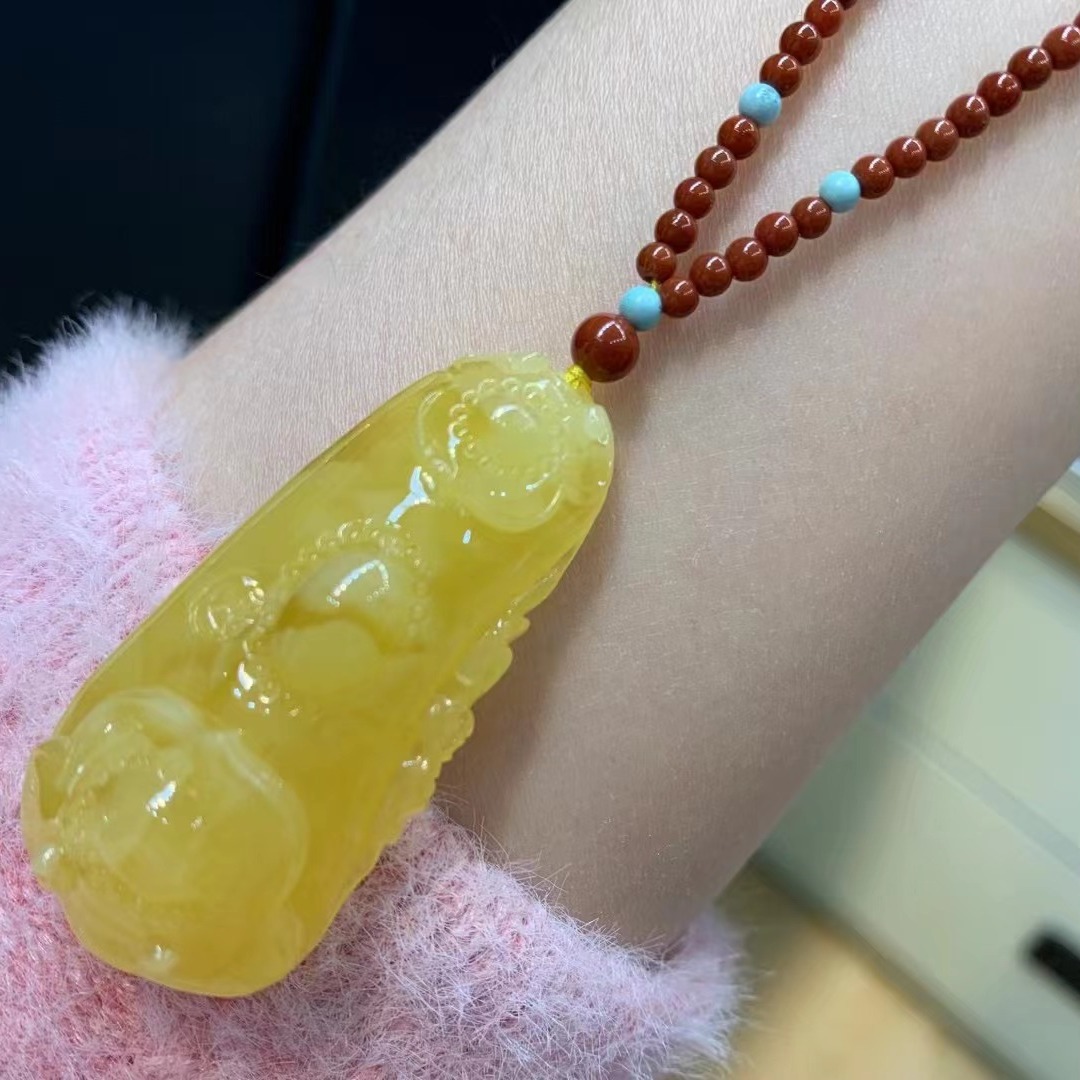 天然蜜蜡平安如意吊坠 毛衣链满蜡白花搭配天然南红配链 全品三无