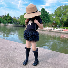 现货 夏季新款女童洋气tutu短裙超酷Rock风黑色短袖纱纱裤裙套装
