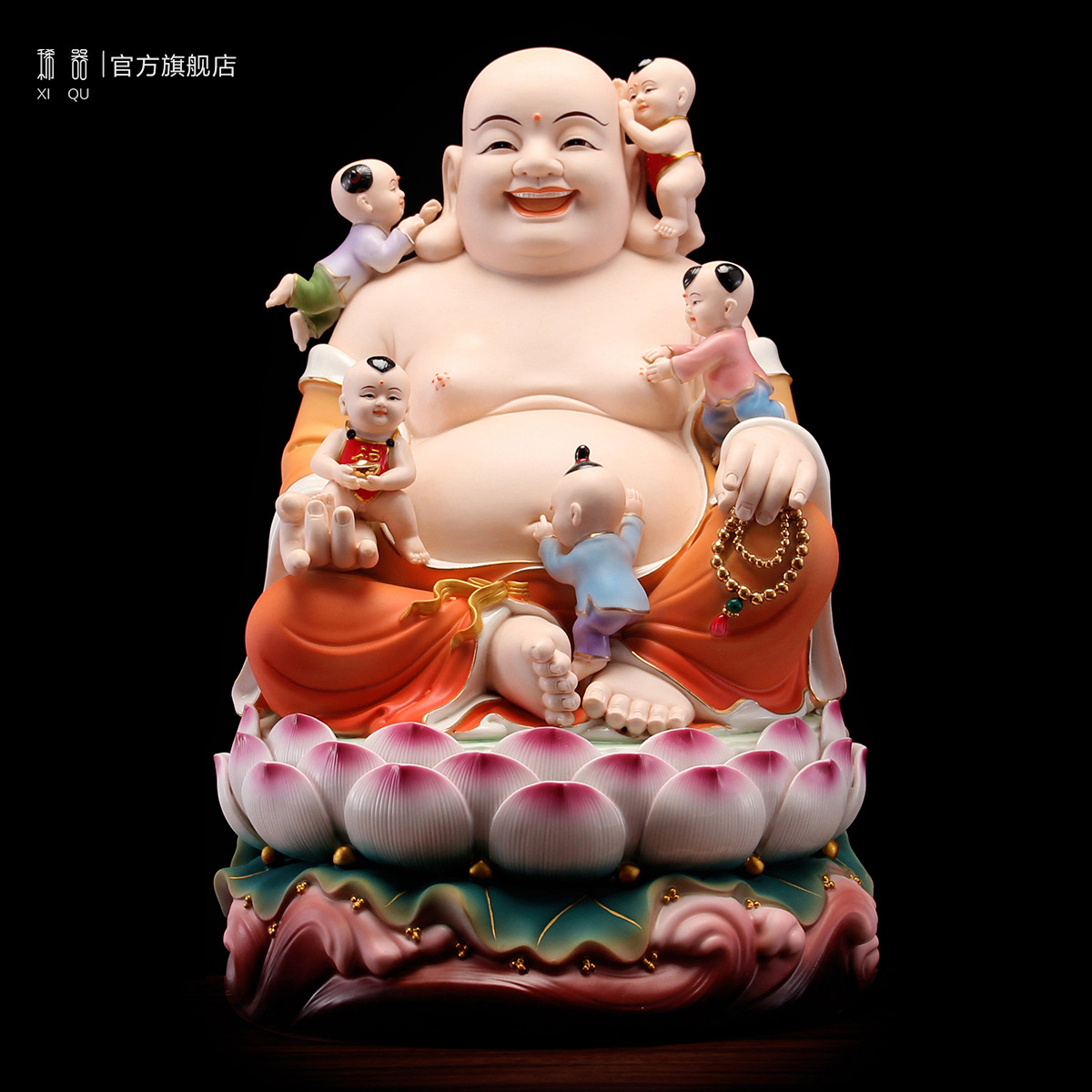 德化陶瓷送子弥勒佛笑佛大肚多仔佛佛像摆件五子登科五子戏弥勒佛