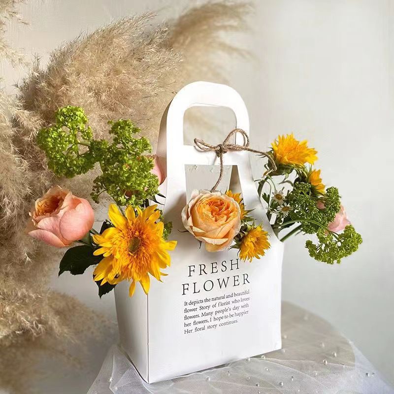 Qixi Portable Flower Basket Flower Box Kraft Paper Flower Arrangement Bag Gift Waterproof Milk Tea 38 Goddess Festival Flower Handbag