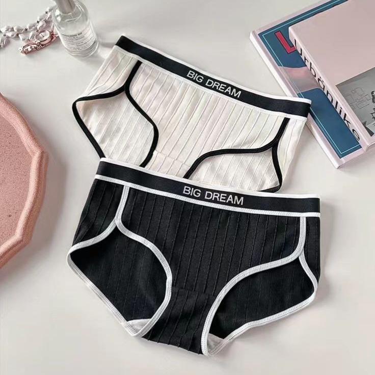 运动风黑白字母ins条纹内裤女美式辣妹亲肤简约边开叉三角裤少女
