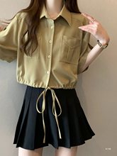 大码韩版Polo领短袖T恤衬衫女夏季胖MM遮肚显瘦正肩短款打底上衣