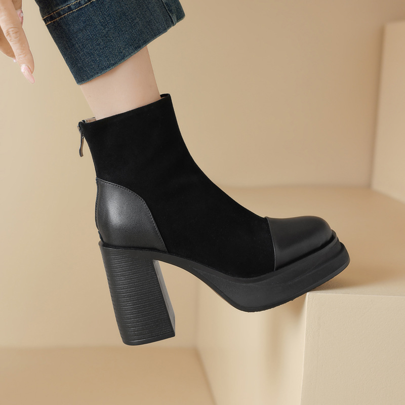 2024秋冬新款真皮防水台粗跟马丁靴女英伦风牛反绒圆头超高跟短靴