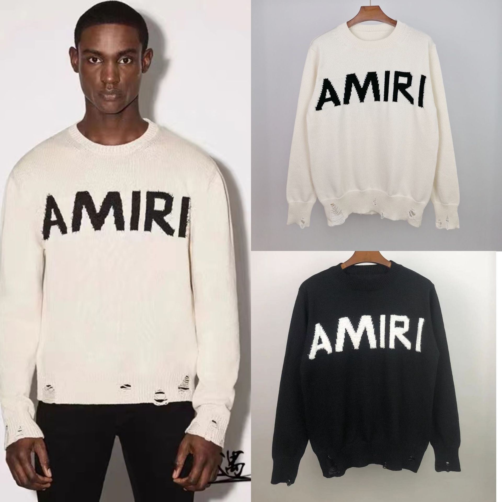 amiri圆领毛衣潮流amiri字母logo提花流苏破坏破洞欧美风针织毛衣