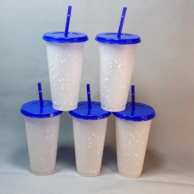 Colorful Chip Plastic Transparent Straw Cup 710ml Snowflake Color Changing Cold Temperature Sensitive Plastic Cup Milk Tea Coffee Straw Cup