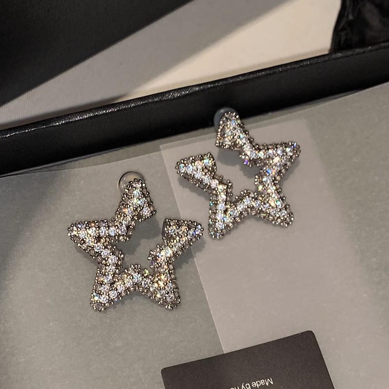 earrings jewelry square and round face high-grade light luxury earrings earrings women‘s sterling silver five-pointed star flash diamond super beautiful earrings