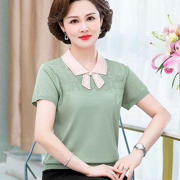 妈妈夏装洋气宽松上衣新款冰丝短袖t恤40岁50中老年人女两件套装