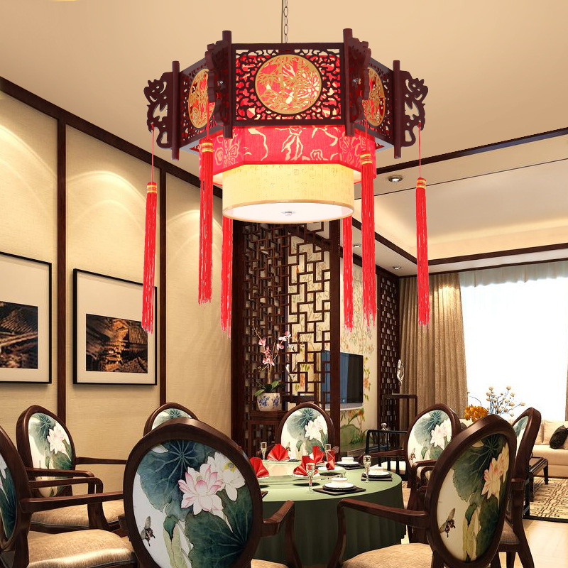 中式仿古吊灯茶楼中餐厅饭店包厢红木灯笼大厅灯中国风火锅店灯具