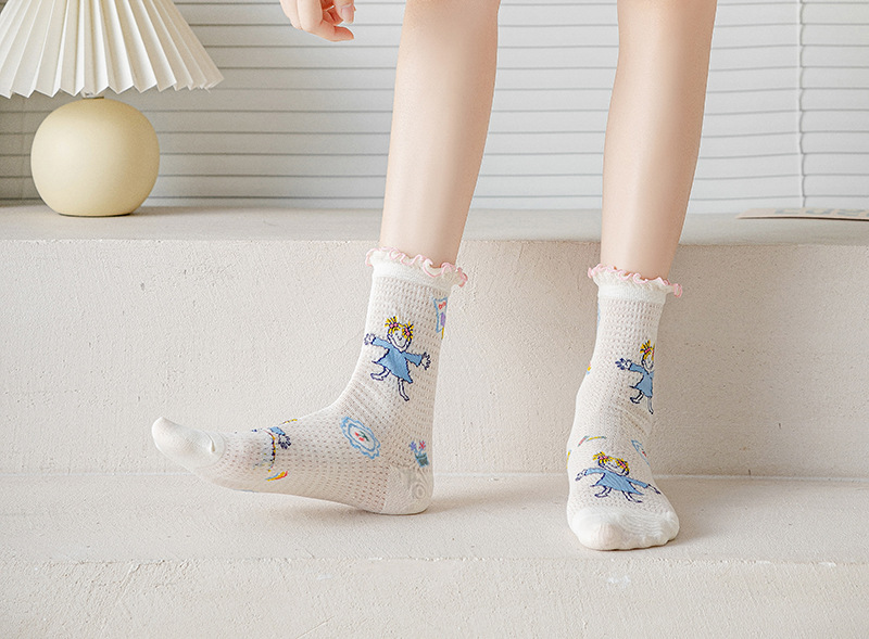 少女袜子春夏日系卷边卡通薄款镂空网眼jk学生lolita花边可爱棉袜
