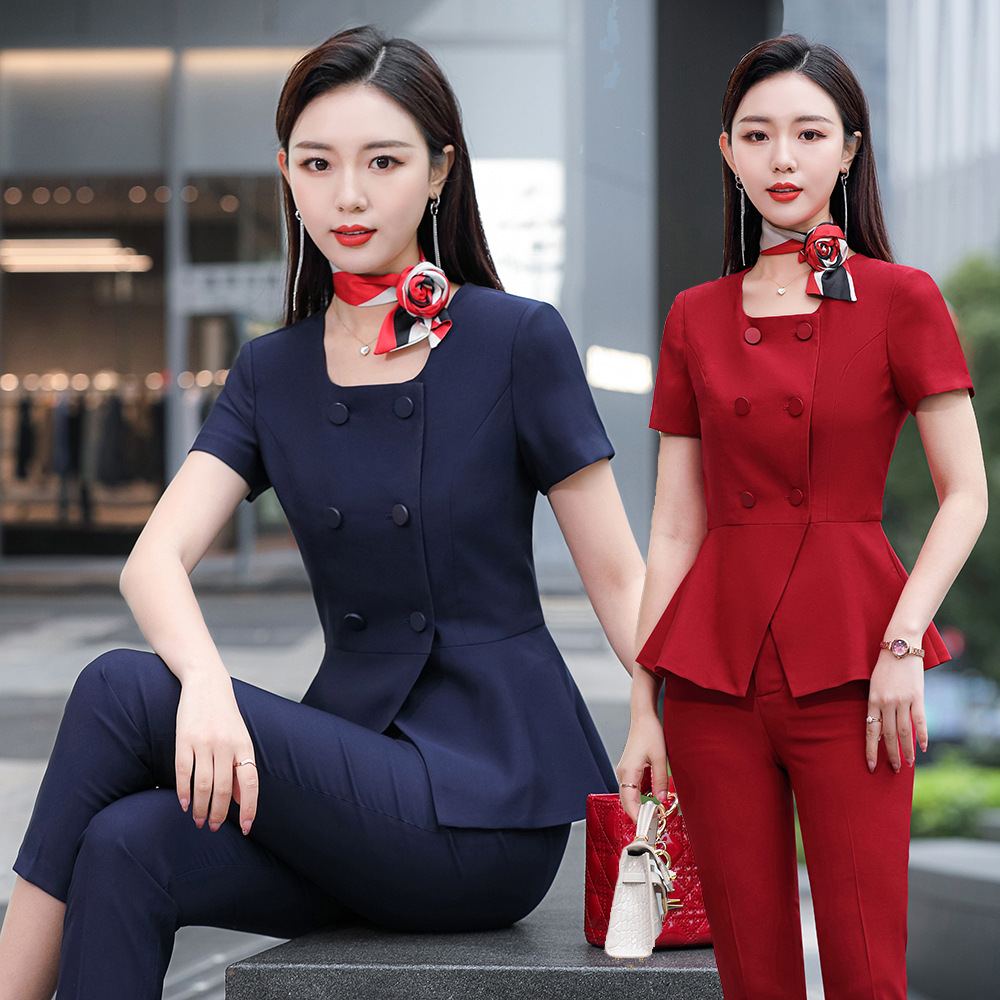 职业套装女夏款短袖气质女神范空姐制服美容师酒店前台西服工作服