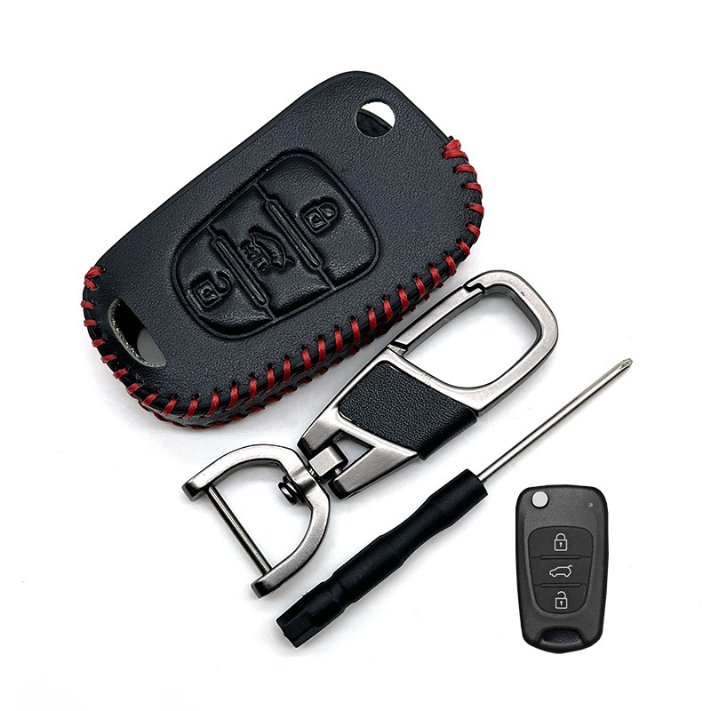 适用于现代悦动瑞纳ix35起亚狮跑折叠三键真皮钥匙保护套跨境专供
