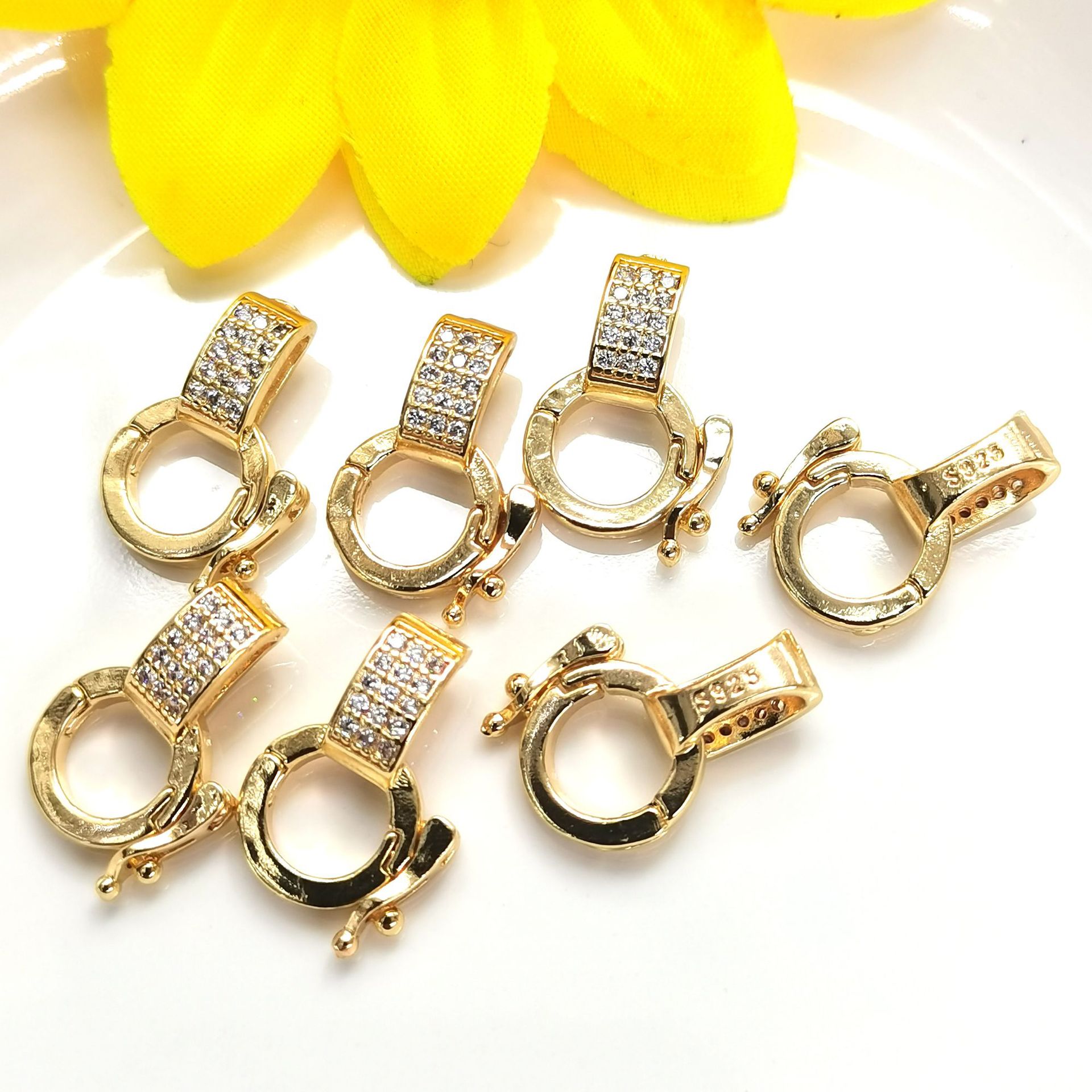 14k/18k包金圆形吊坠卡扣 翡翠玉佩镶嵌夹扣子 项链吊坠挂绳材料