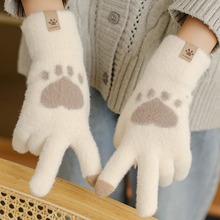 韩版手套女士冬季可爱毛绒熊爪加绒加厚学生骑车触屏防寒保暖手套