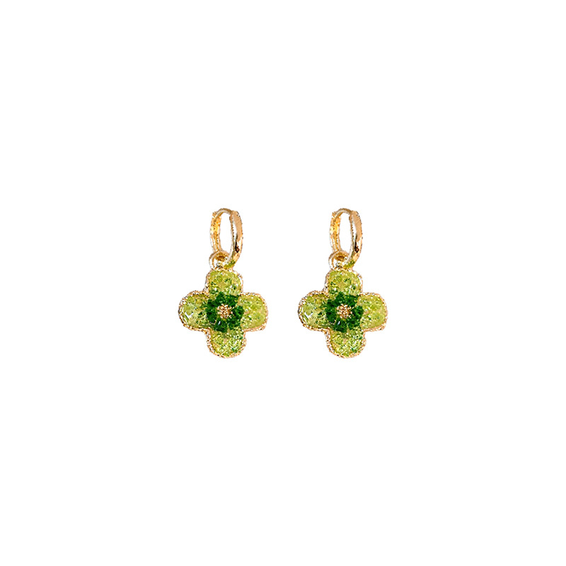 Fresh and Stylish Green Crystal Flowers Ear Clip Internet Celebrity Trendy Earrings Advanced Sentong Qin All-Match Earrings Wholesale