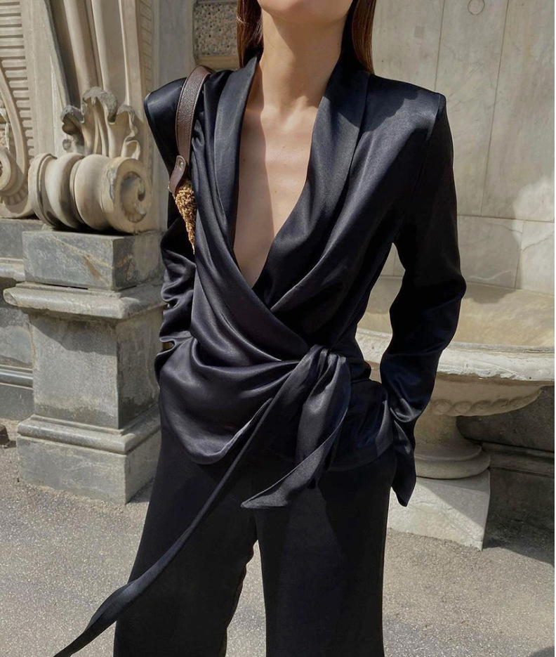 缎面西装2件套女士21不规则系带西装外套阔腿裤女士优雅黑色套装
