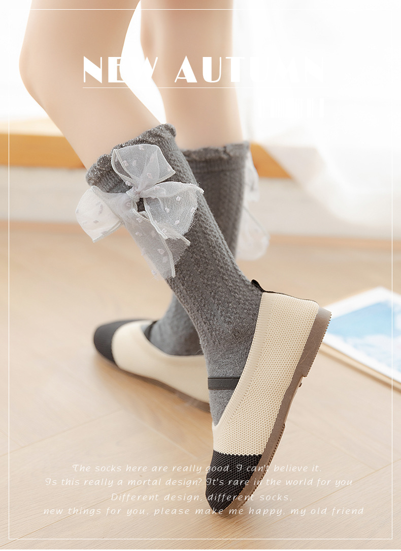 女童中筒袜洋气夏季儿童镂空蕾丝长袜子蝴蝶结网眼梦幻城堡公主袜