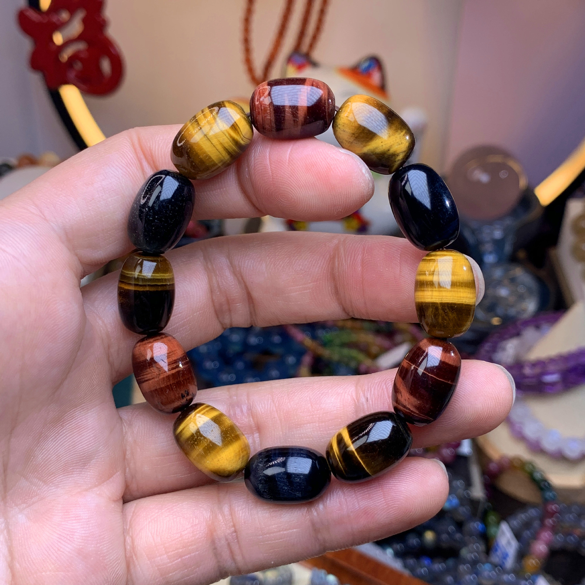 天然彩虎眼桶珠手串 彩色虎眼石黄虎眼石蓝虎眼手串 厂家批发