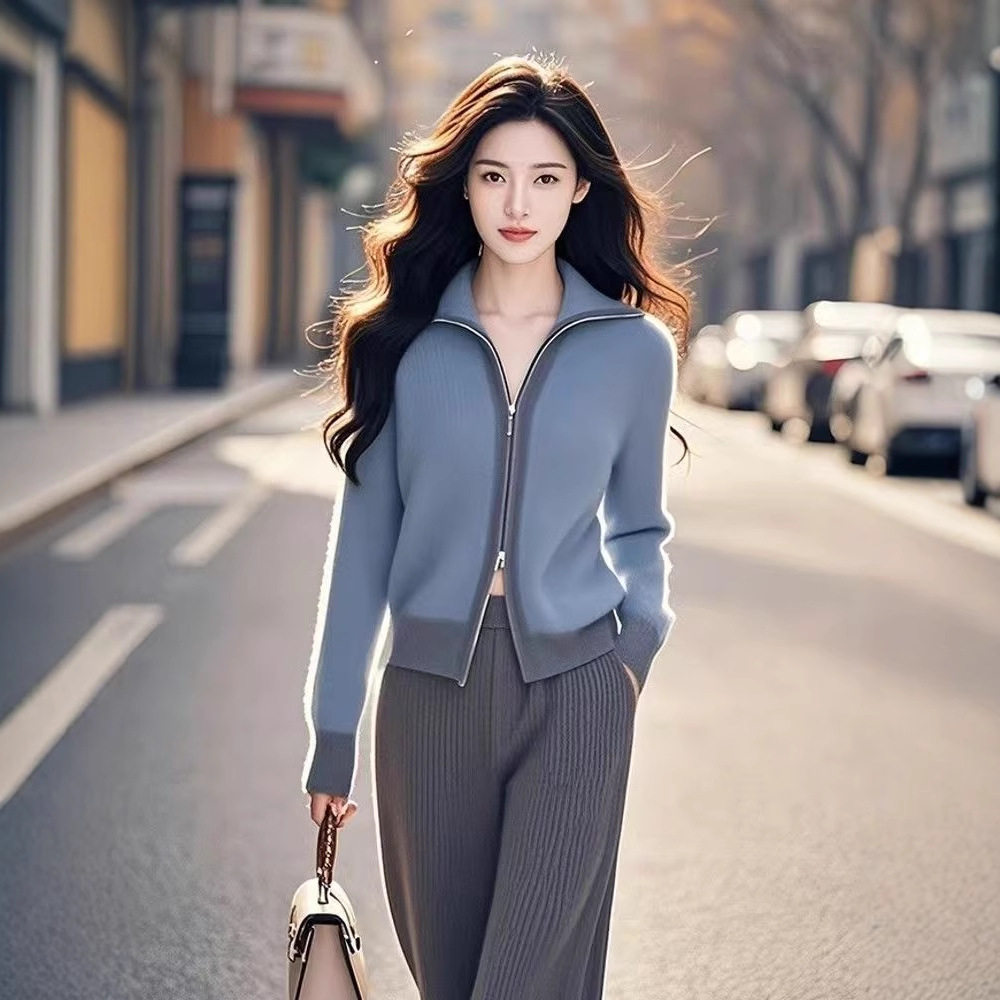 2025年春秋季撞色翻领双拉链毛衣慵懒风长袖针织开衫轻奢高级感