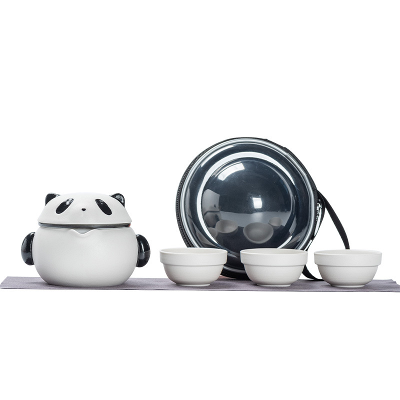 Cute Panda Kung Fu Tea Set Express Customer Travel Portable Ceramic Outdoor Three Cups Gift Box Company Annual Meeting Gifts