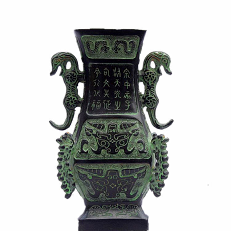 上海仿古青铜器双虎六棱瓶大号双龙瓶尊风水聚宝盆摆件古玩工艺品