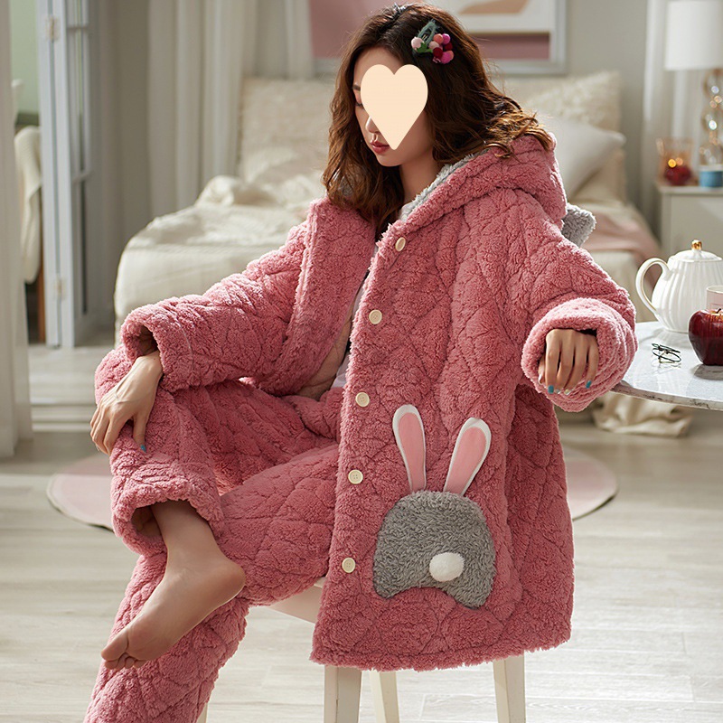 珊瑚绒睡衣女冬季保暖加厚加绒三层夹棉袄连帽子法兰绒家居服套装