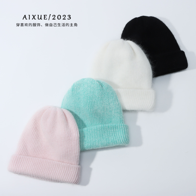 Solid Color Rabbit Fur Bucket Hat Autumn and Winter Korean Style Leisure Warm Candy Color Beanie Hat Stylish Simple and Versatile Knitted Hat