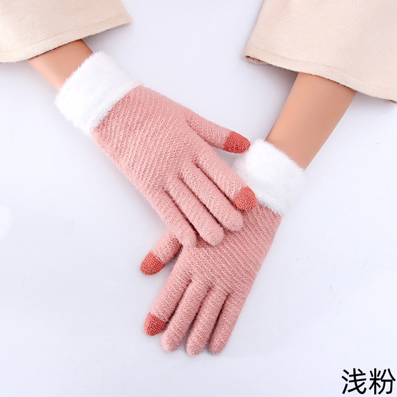 Student Gloves Women's Autumn and Winter Touch Screen Knitted Wool Velvet Cold Protection Warm Road Bike Cute Five Finger Wholesale