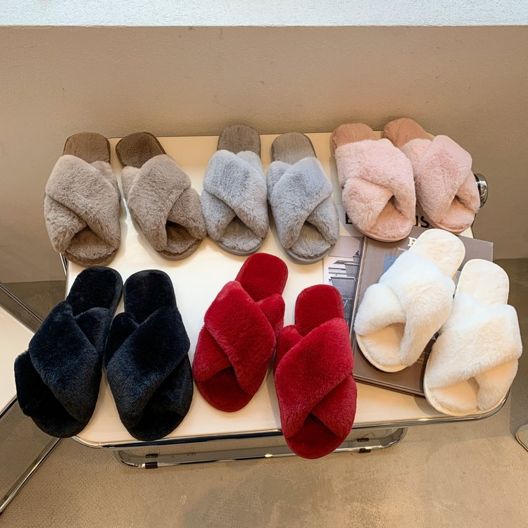 Foreign Trade Fur Cotton Slippers Female 2022 Autumn and Winter New Ladies Flat Open Toe Home Cross Plush Slippers Wholesale