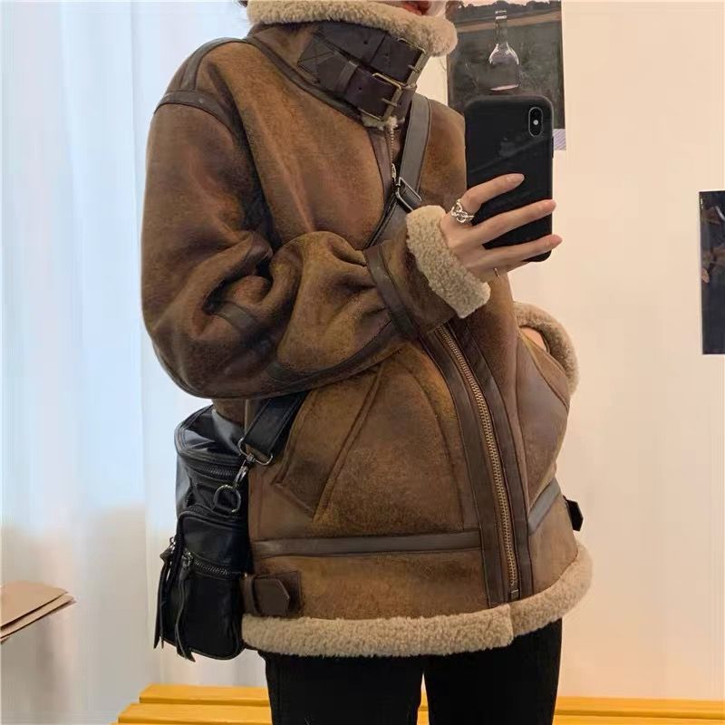 Suede Coat Lamb Wool Women's Winter Thickened Motorcycle Clothing Loose Lapel Fur Integrated Zipper Jacket Women's Top