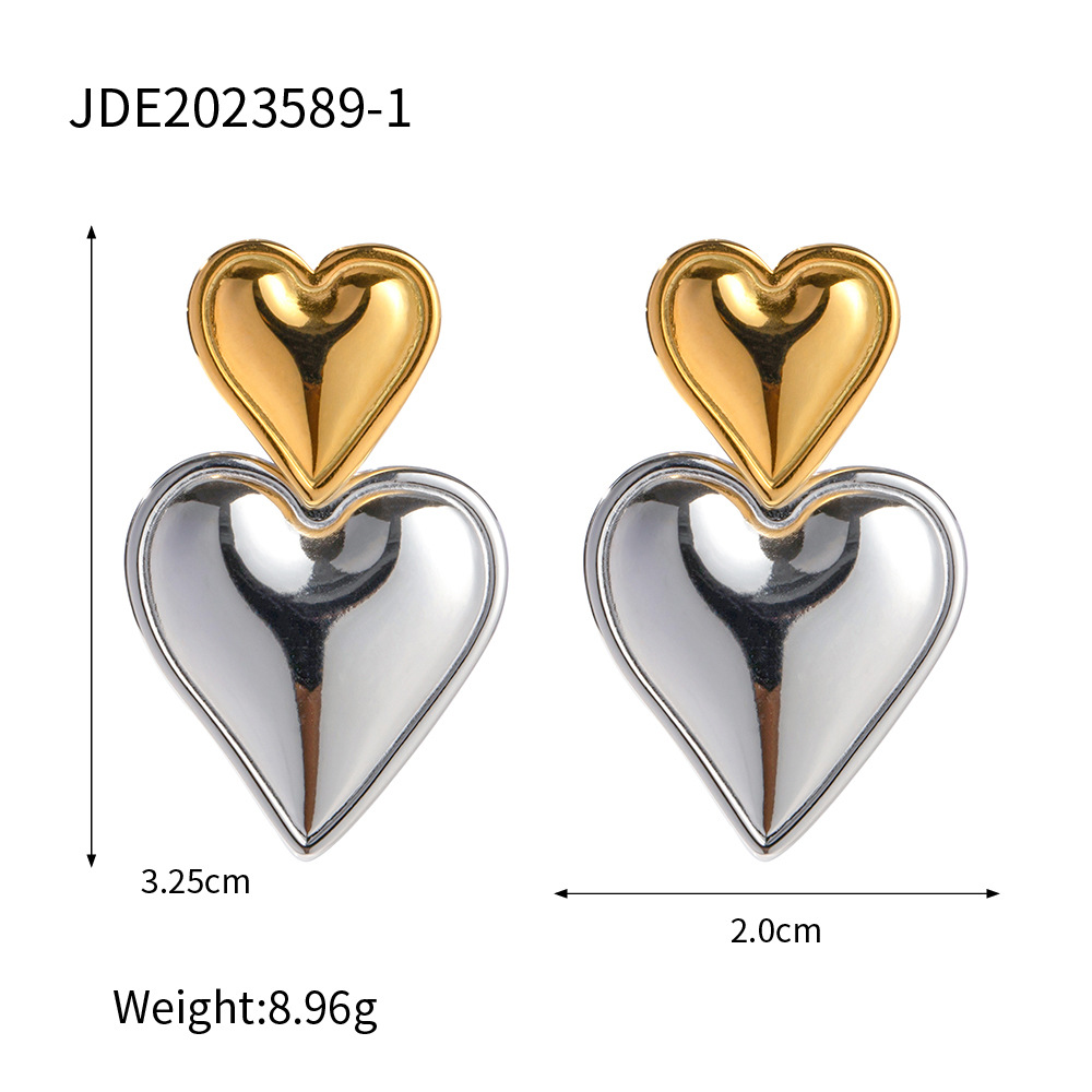 INS Style European and American New 18K Gold Stainless Steel Heart-Shaped Gold and Silver Color Matching Earrings Stainless Steel Earrings for Women