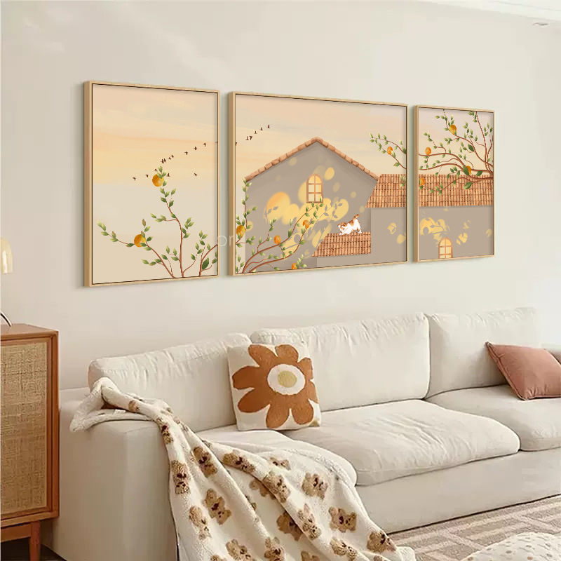 原木风客厅装饰画温馨沙发背景墙挂画暖阳系家居三联壁画绿植