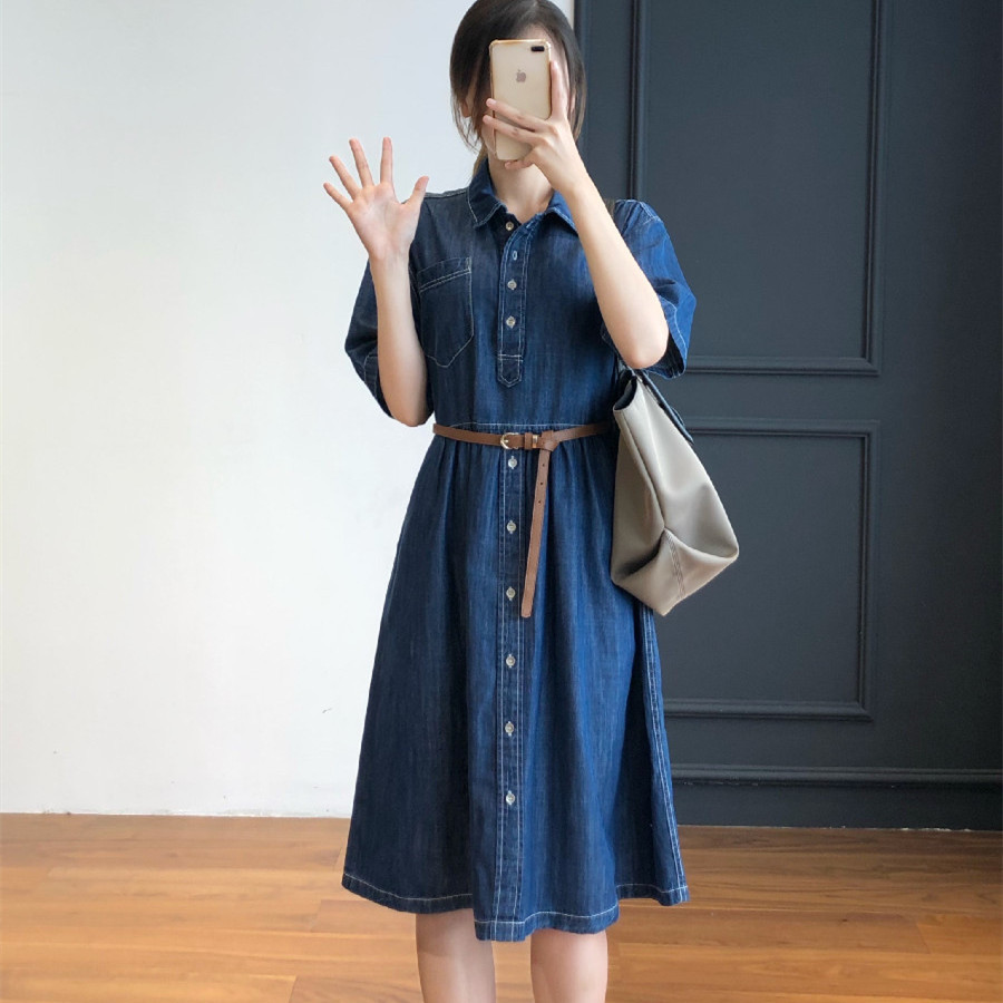 文艺范牛仔连衣裙女夏2022新款小众设计腰带连衣裙裙子