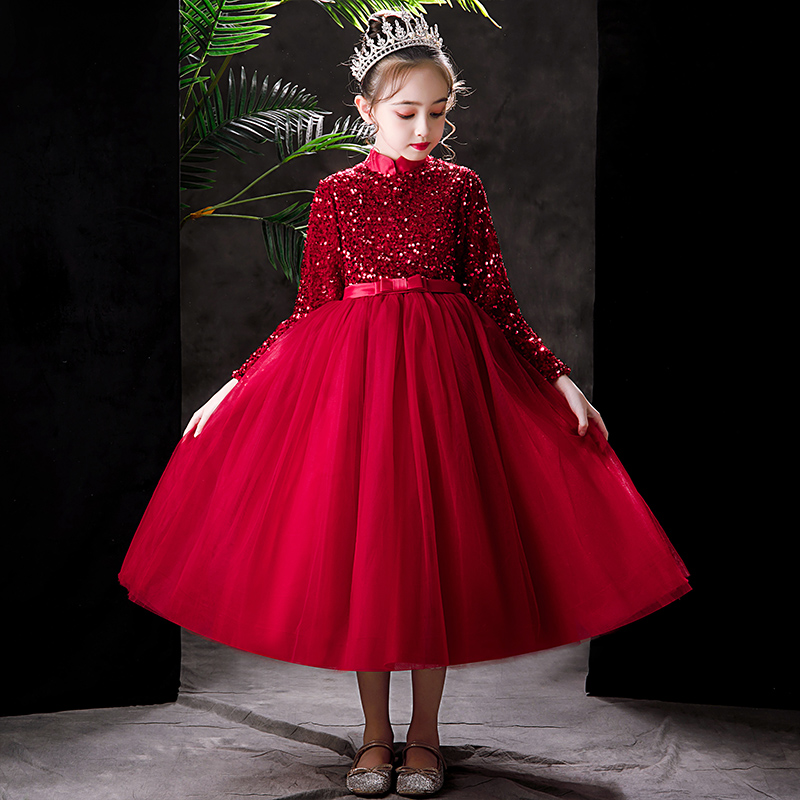 女童晚礼服生日公主裙红色女孩高端花童儿童小主持人钢琴演出服冬