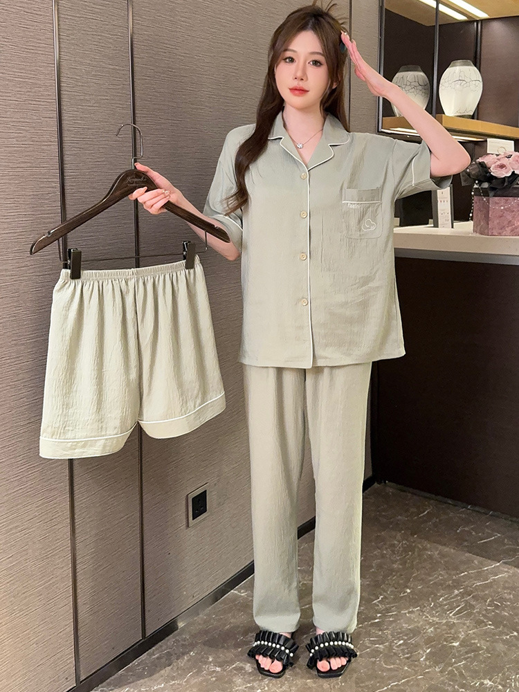 Women's Pajamas New Spring and Summer Solid Color High-Grade Loose Comfortable Short-Sleeved Shorts Casual Home Wear Three-Piece Suit