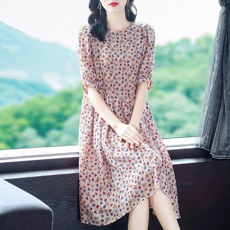 2023 Trendy Fashion Loose Slimming Women's Long below the Knee High-End Famous Brand Mulberry Silk Floral Skirt Silk Dress