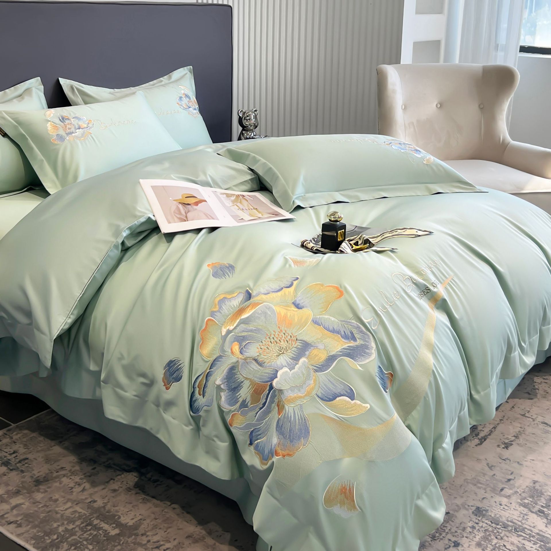 2023新款a类100支精疏长绒棉纯色刺绣轻奢床单款四件套