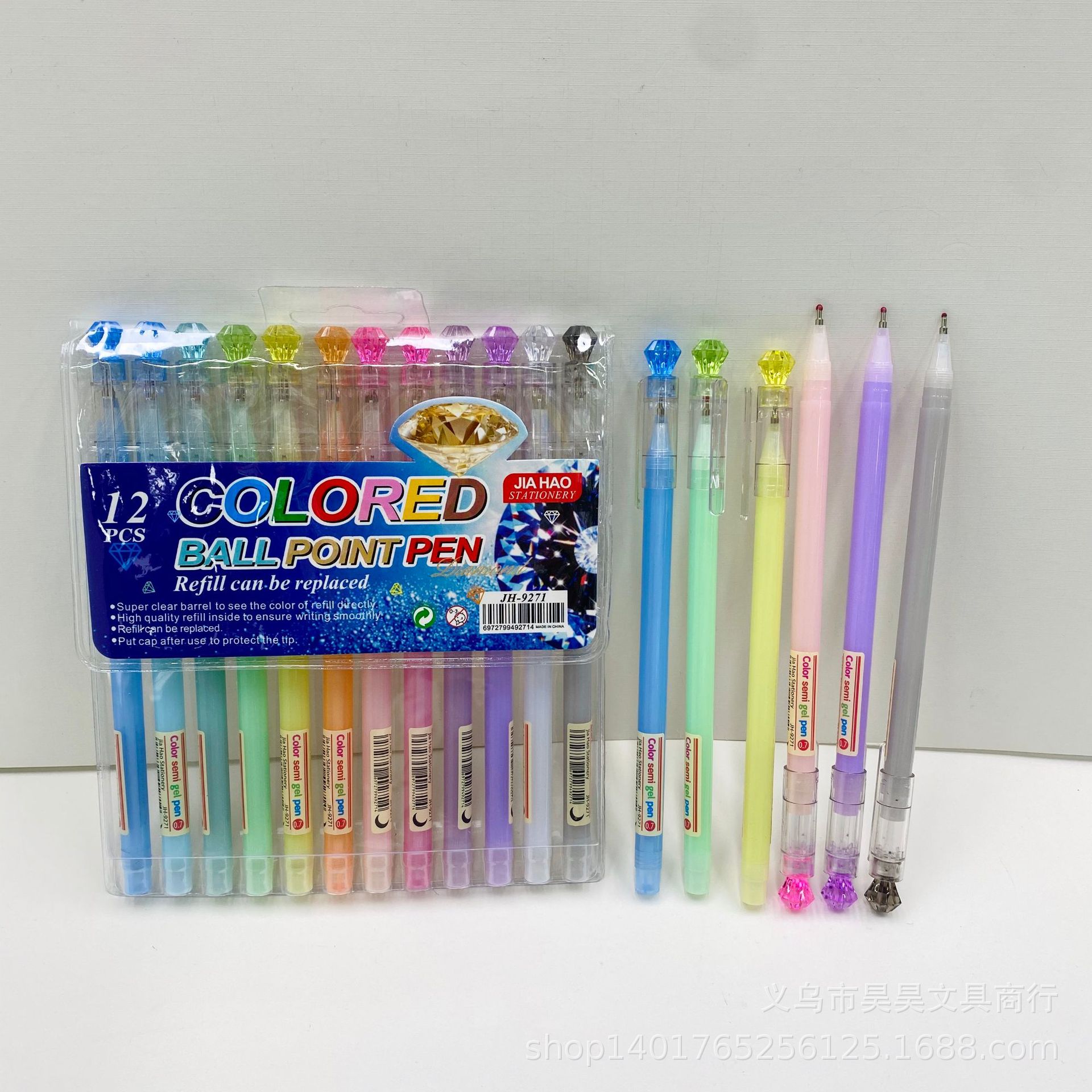 jh-9271钻石头彩色圆珠笔书写流利不漏墨不断墨6色8色10色12色