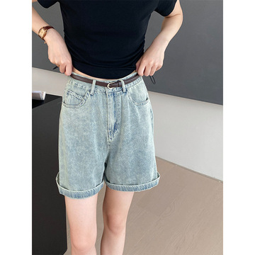 那末浅色高腰牛仔短裤女夏季薄款新款宽松显瘦休闲阔腿五分裤1013